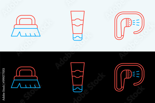 Set line Shower, Brush for cleaning and Tube of toothpaste icon. Vector