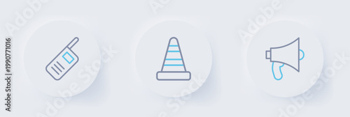 Set line Megaphone, Traffic cone and Walkie talkie icon. Vector