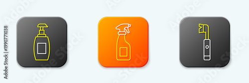 Set line Bottle of liquid soap, Cleaning spray bottle and Electric toothbrush icon. Vector