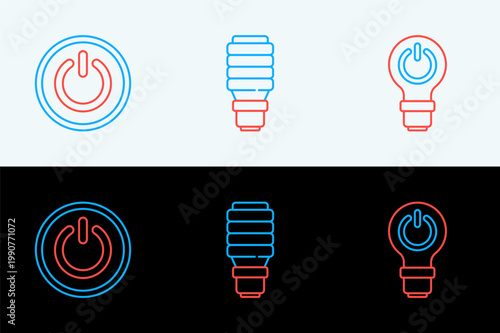 Set line Light bulb with lightning, Power button and LED icon. Vector