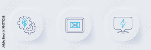 Set line Lightning bolt, Electrical outlet and Leaf plant gear machine icon. Vector