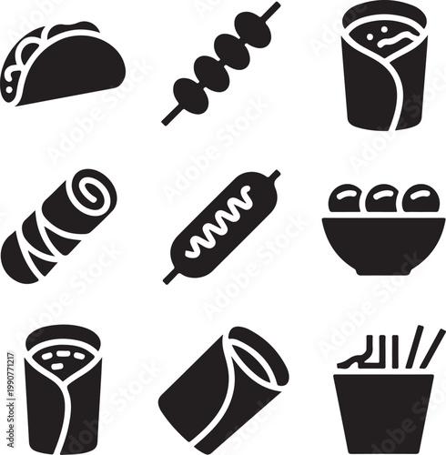 Assorted black and white illustrations of popular street food items