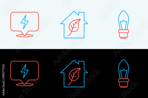 Set line Light bulb, Lightning bolt and Eco friendly house icon. Vector