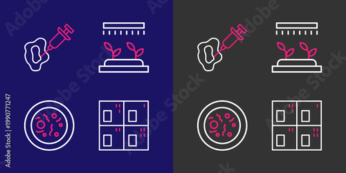 Set line Periodic table, Petri dish with bacteria, Automatic irrigation sprinklers and Syringe icon. Vector