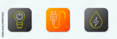 Set line Light bulb with lightning, Electric plug and Water energy icon. Vector