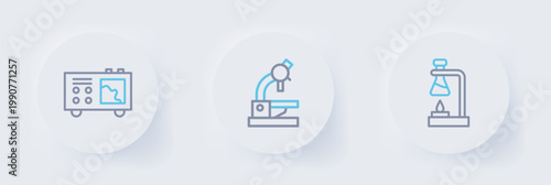 Set line Test tube flask on fire, Microscope and Spectrometer icon. Vector