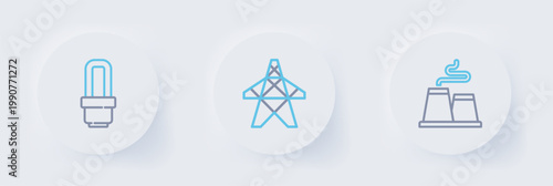 Set line Factory, Electric tower and LED light bulb icon. Vector