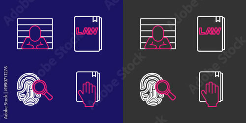 Set line Oath on the Holy Bible, Fingerprint, Law book and Prisoner icon. Vector