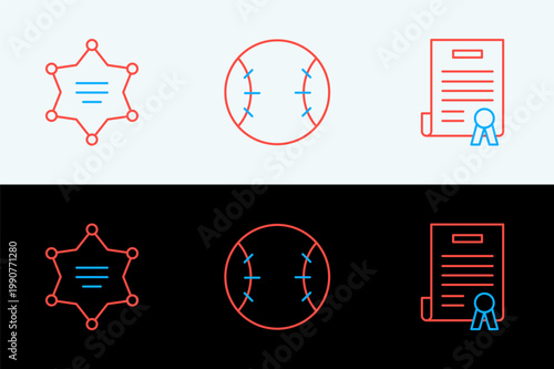 Set line Declaration of independence, Hexagram sheriff and Baseball ball icon. Vector