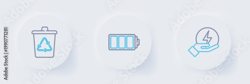 Set line Lightning bolt, Battery and Recycle bin with recycle icon. Vector