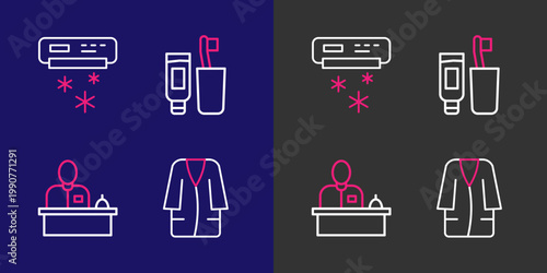 Set line Bathrobe, Hotel reception desk, Toothbrush and toothpaste and Air conditioner icon. Vector