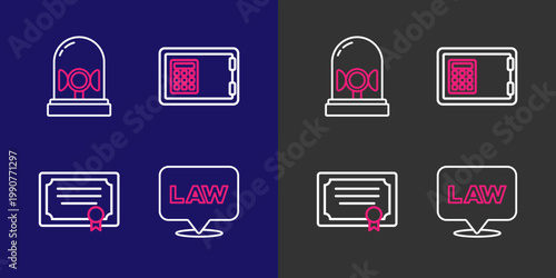 Set line Location law, Certificate template, Safe and Flasher siren icon. Vector