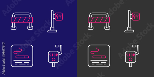 Set line Emergency brake, Smoking area, Cafe and restaurant location and Road barrier icon. Vector