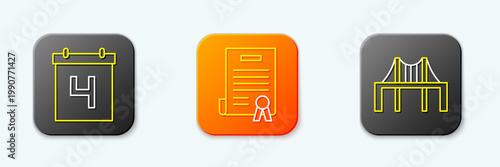 Set line Calendar with date July 4, Declaration of independence and Golden gate bridge icon. Vector