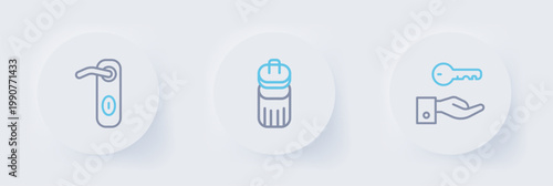 Set line Hotel door lock key, Trash can and Door handle icon. Vector