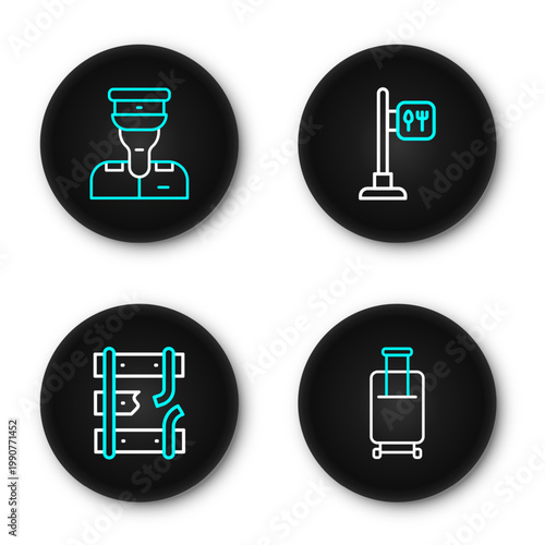 Set line Suitcase, Broken rails on railway, Cafe and restaurant location and Train conductor icon. Vector