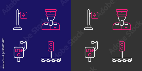 Set line Train traffic light, Emergency brake, conductor and Road signpost icon. Vector