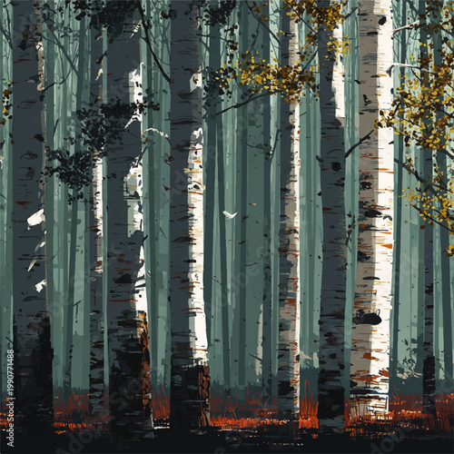 A serene forest scene features tall trees with white trunks and yellow leaves in a natural landscape.