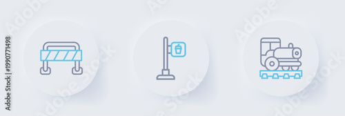 Set line Vintage locomotive, Cafe and restaurant location and Road barrier icon. Vector