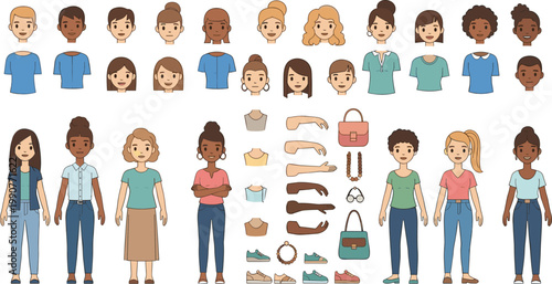 Diverse Female Character Creator Set with Customizable Body Parts, Hairstyles, Skin Tones, Outfits, and Accessories for Avatar Designs