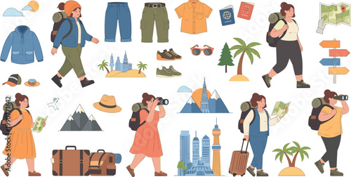 Female Traveler Character Set with Backpack, Luggage, Map, Passport, Mountain, City, and Travel Accessories for Adventure and Tourism Designs