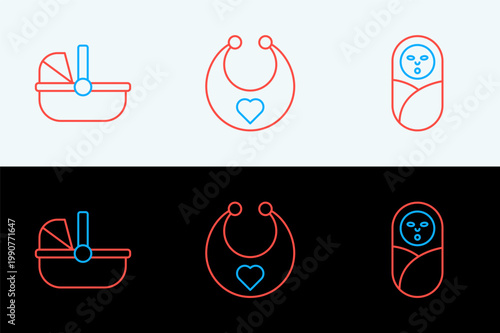 Set line Newborn baby infant swaddled, Baby stroller and bib icon. Vector
