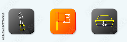 Set line Pirate sword, flag and Sailor hat icon. Vector