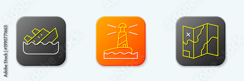 Set line Sinking cruise ship, Lighthouse and Folded map icon. Vector