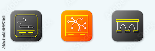 Set line Smoking area, Railway map and Bridge for train icon. Vector