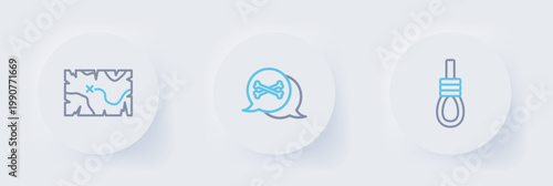 Set line Gallows rope loop hanging, Location pirate and Pirate treasure map icon. Vector