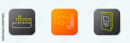 Set line Beach pier dock, Diving mask and snorkel and Brochure icon. Vector