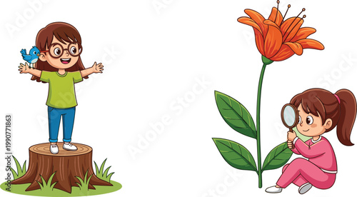 Curious Kids Exploring Nature Illustration with Children Observing Flower and Standing on Tree Stump, Educational Scene for Science Learning, Discovery, and Outdoor Adventure Design