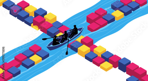 Isometric illustration of a boat with a team navigating a river intersection amidst colorful data cubes, symbolizing global logistics, supply chain, and strategic network management.