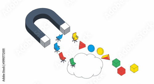 Horseshoe magnet attracting colorful geometric shapes and abstract figures, representing attraction and data collection