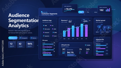 Dark audience segmentation analytics dashboard interface for B2B SaaS customer cohorts with charts, retention metrics and market insights