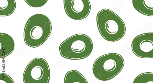 Seamless pattern featuring minimalist hand drawn green avocado halves with pits
