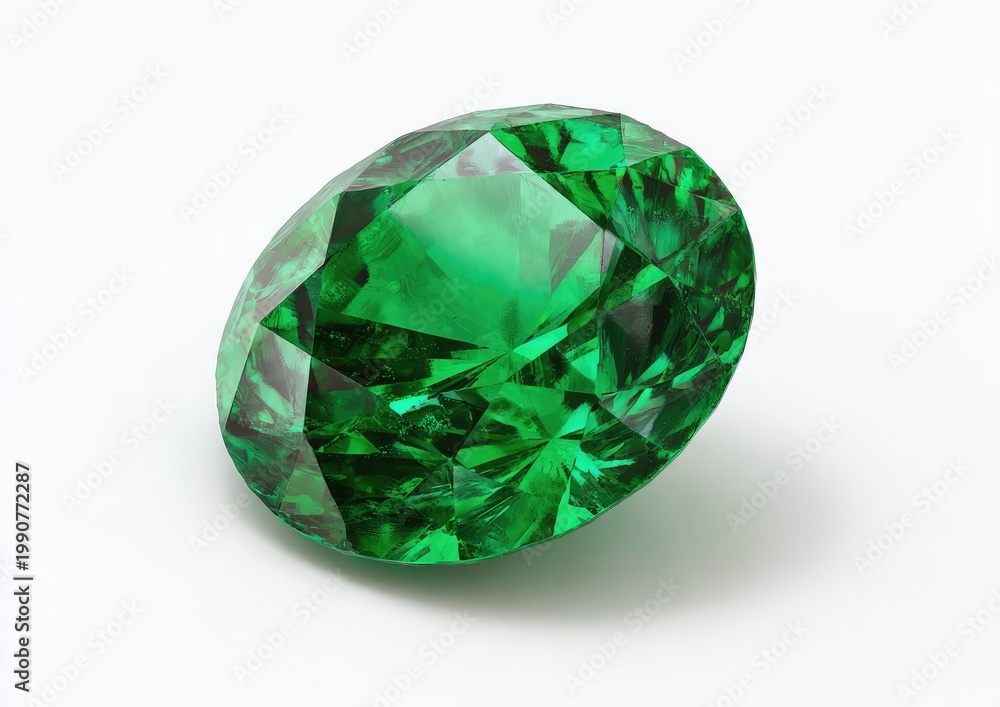 Fototapeta premium Brilliant faceted oval emerald gemstone, intense green, isolated on white