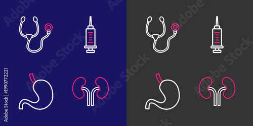 Set line Human kidneys, stomach, Syringe and Stethoscope icon. Vector
