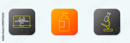 Set line Laptop with cardiogram, Hand sanitizer bottle and Microscope icon. Vector