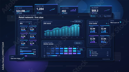 Retail network analytics dashboard with live sales tracker, category mix, regional cards, heat map and real time performance overview panel.
