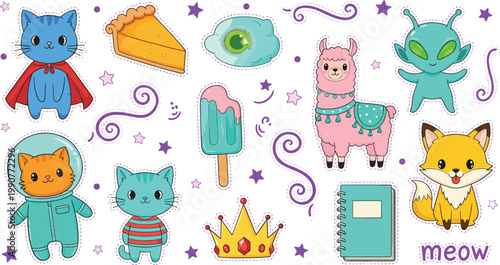 Cute Kawaii Sticker Set with Cats, Fox, Llama, Alien, Crown, Notebook, and Sweet Treats for Kids Design, Fun Characters, and Playful Cartoon Illustrations