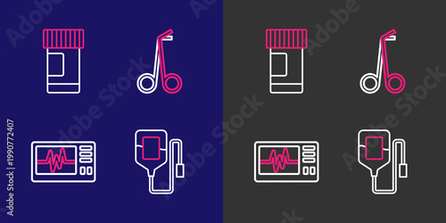 Set line IV bag, Monitor with cardiogram, Medical scissors and Medicine bottle and pills icon. Vector