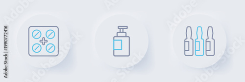 Set line Medical vial, ampoule, Hand sanitizer bottle and Pills in blister pack icon. Vector
