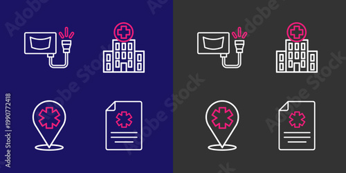 Set line Clinical record, Location with cross hospital, Medical building and Ultrasound icon. Vector