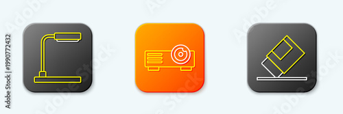 Set line Table lamp, Movie, film, media projector and Eraser rubber icon. Vector