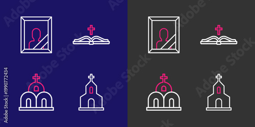 Set line Church building, Holy bible book and Mourning photo frame icon. Vector