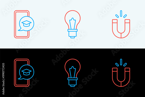 Set line Magnet, Graduation cap on mobile and Light bulb with idea icon. Vector