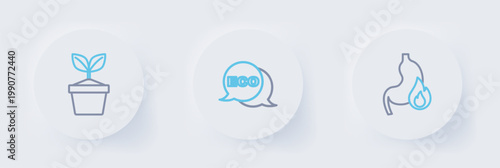 Set line Stomach heartburn, Label for eco healthy food and Plant in pot icon. Vector