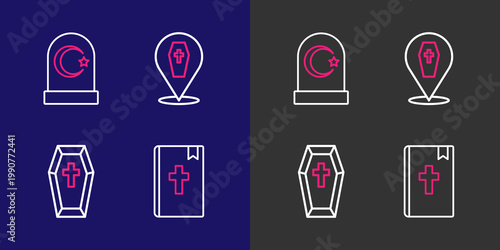Set line Holy bible book, Coffin with cross, and Muslim cemetery icon. Vector