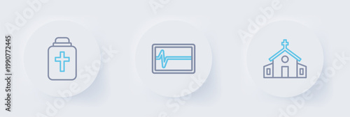 Set line Church building, Beat dead monitor and Funeral urn icon. Vector